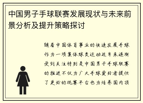 中国男子手球联赛发展现状与未来前景分析及提升策略探讨
